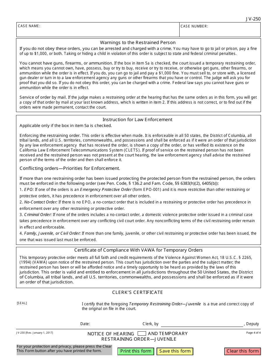 Form JV-250 Notice of Hearing and Temporary Restraining Order - Juvenile - California, Page 4