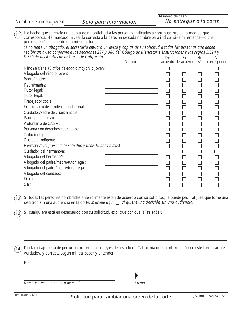 Formulario JV-180 S Solicitud Para Cambiar Una Orden De La Corte - California (Spanish), Page 3