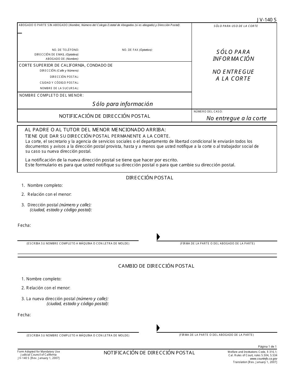 Formulario JV-140 S Notificacion De Direccion Postal - California (Spanish), Page 1
