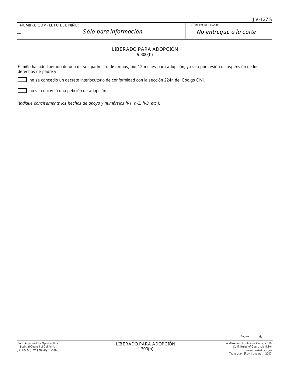 Formulario JV-127 S Liberado Para Adopcion ( 300(H)) - California (Spanish), Page 1