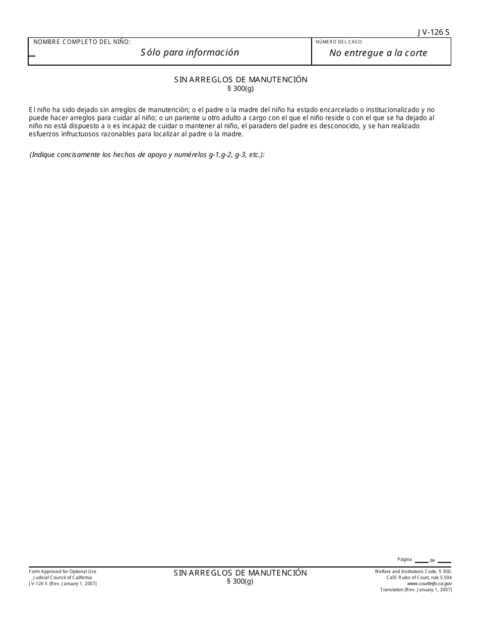 Formulario JV-126 S Sin Arreglos De Manutencion ( 300(G)) - California (Spanish), Page 1