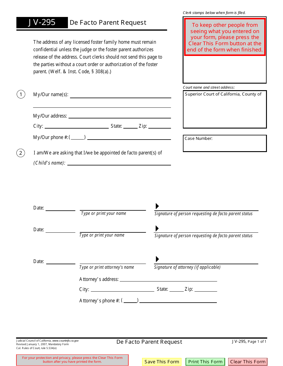 Form JV-295 De Facto Parent Request - California, Page 1