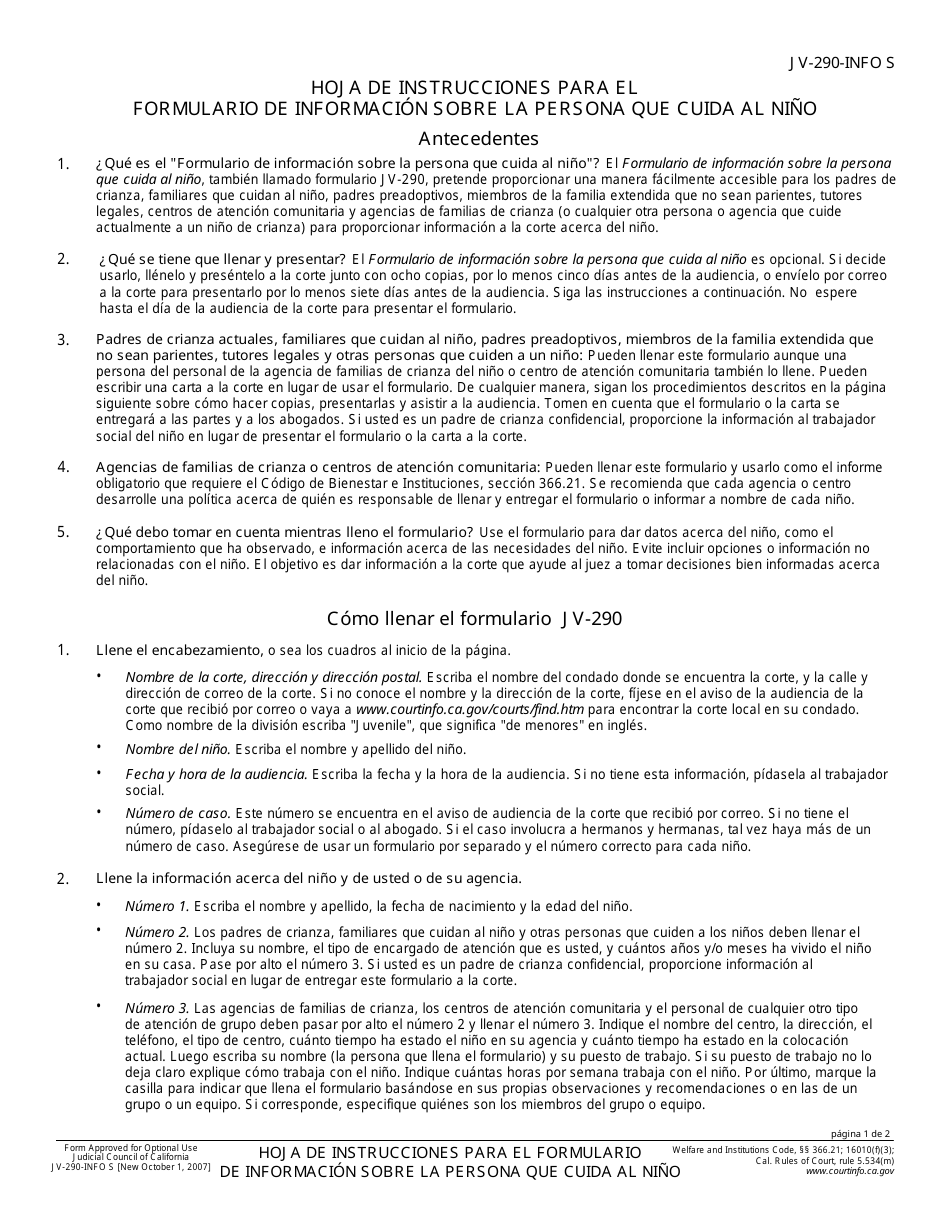 Instructions for Form JV-290 Formulario De Informacion Para El Encargado De Atencion - California, Page 1