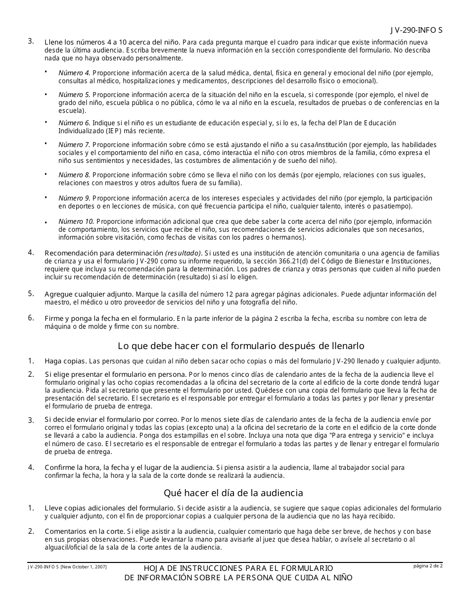 Instructions for Form JV-290 Formulario De Informacion Para El Encargado De Atencion - California, Page 2