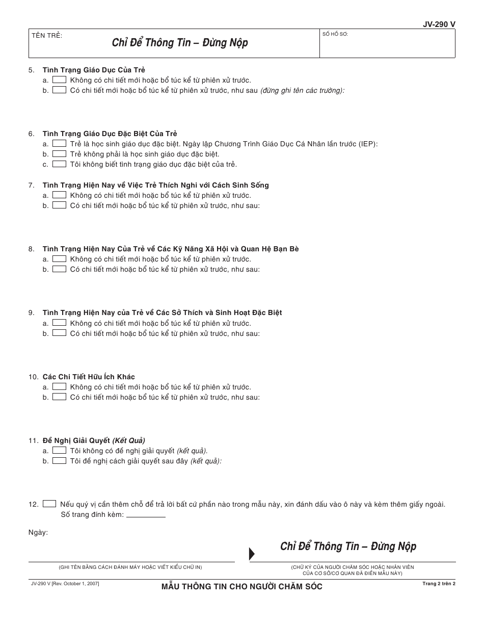 Form JV-290 V Caregiver Information Form - California (Vietnamese), Page 2