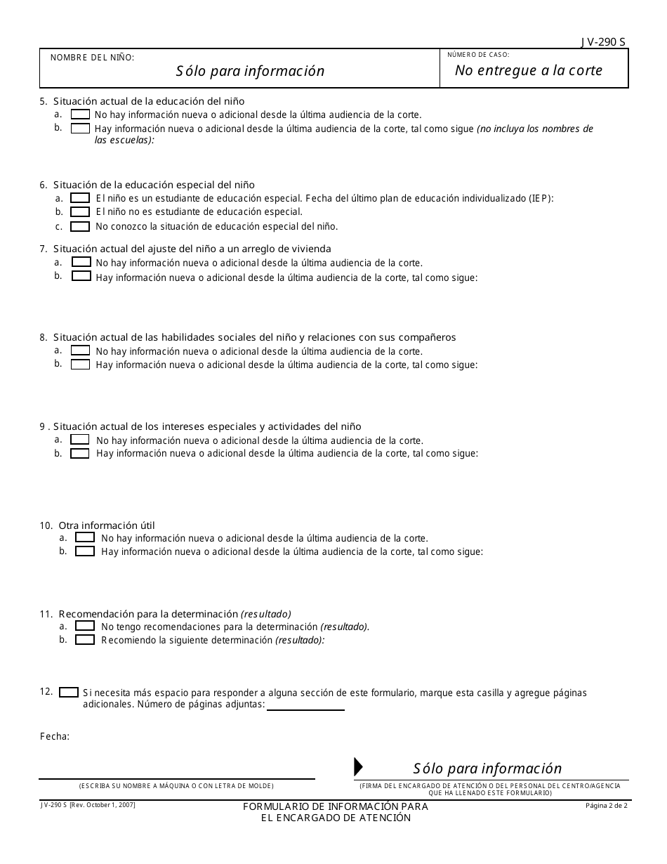 Formulario JV-290 S Formulario De Informacion Para El Encargado De Atencion - California (Spanish), Page 2