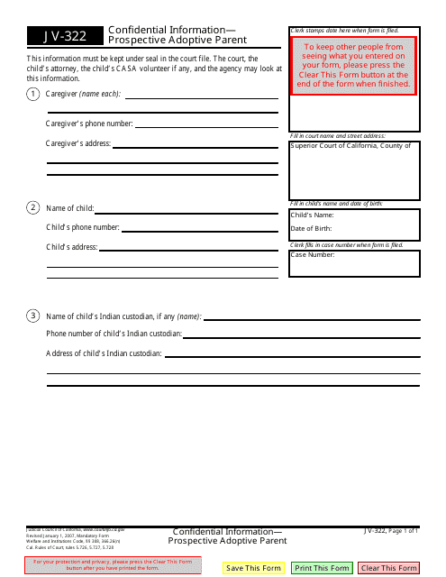 Form JV-322 Confidential Information - Prospective Adoptive Parent - California