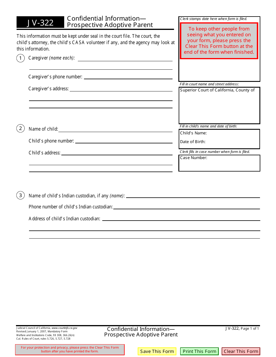 Form JV-322 Confidential Information - Prospective Adoptive Parent - California, Page 1