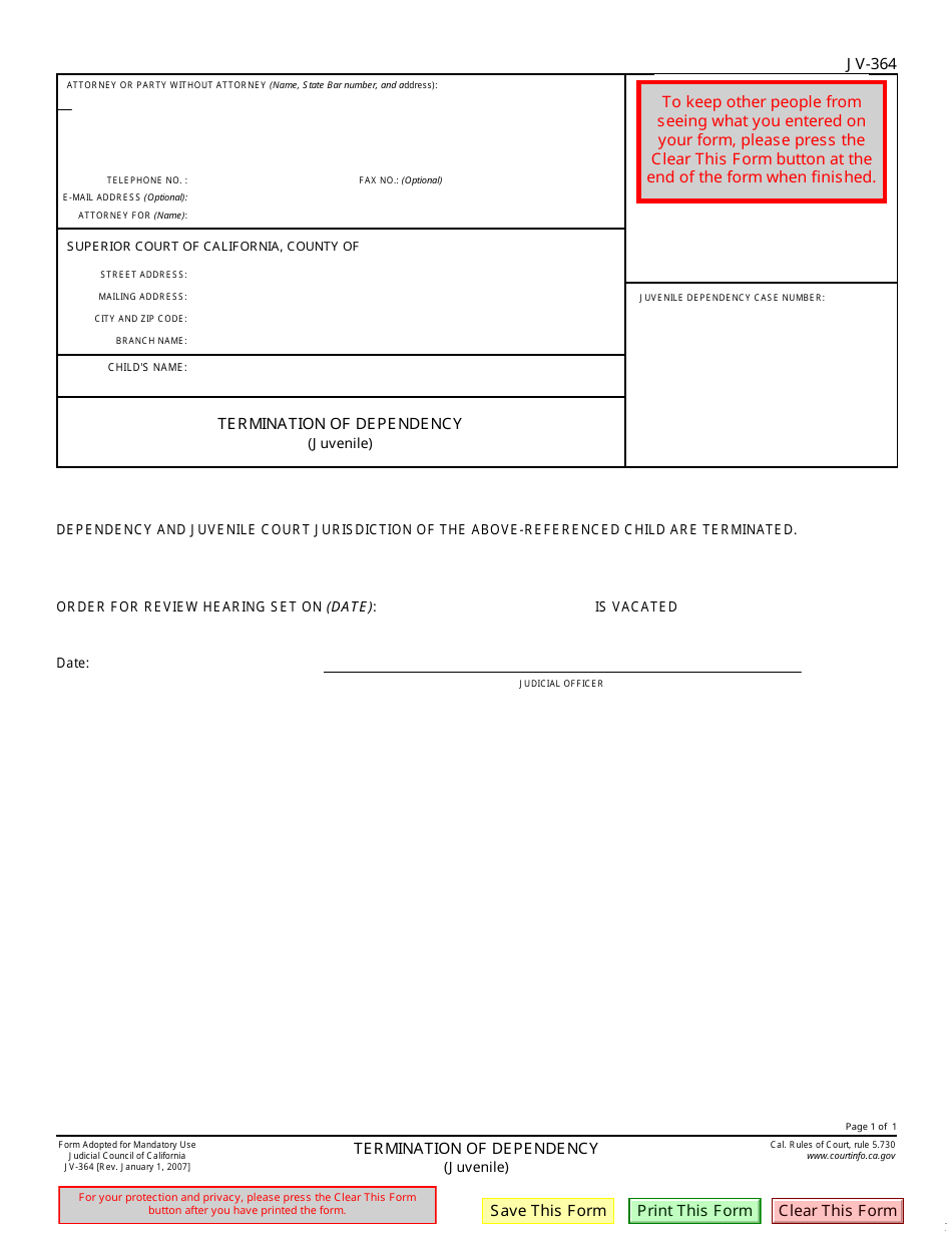 Form JV-364 Termination of Dependency - California, Page 1