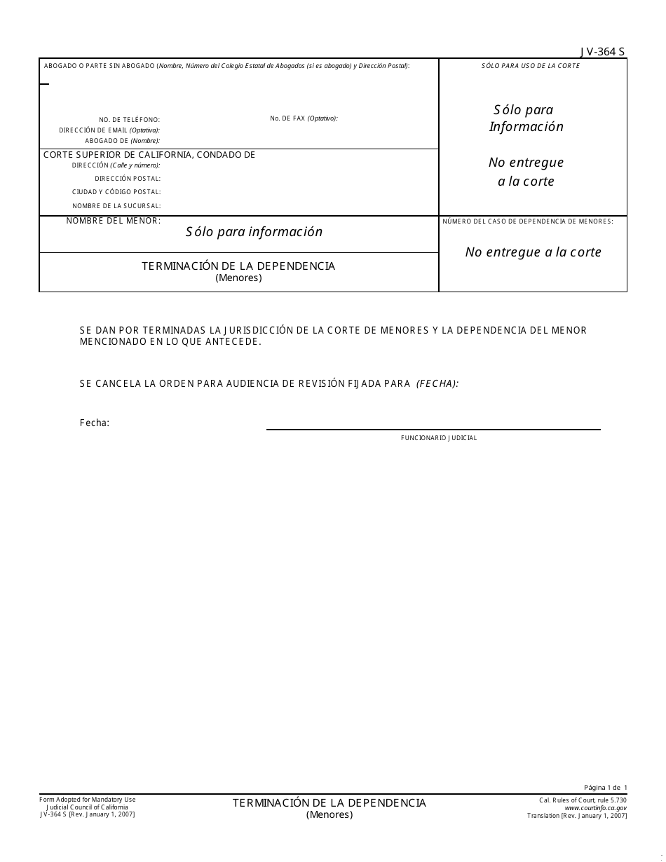Formulario JV-364 S Terminacion De La Dependencia - California (Spanish), Page 1