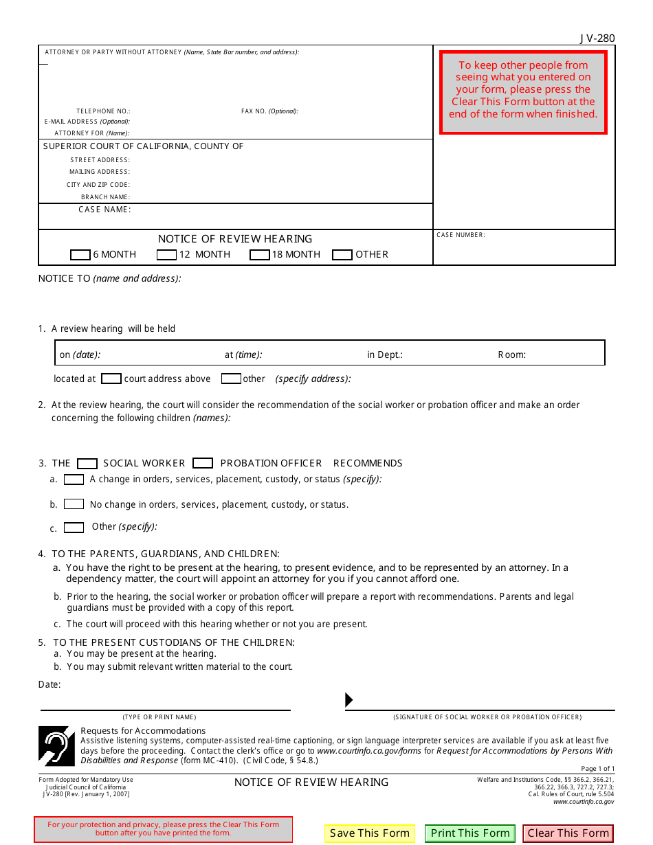 Form Jv 280 Download Fillable Pdf Or Fill Online Notice Of Review Hearing California Templateroller