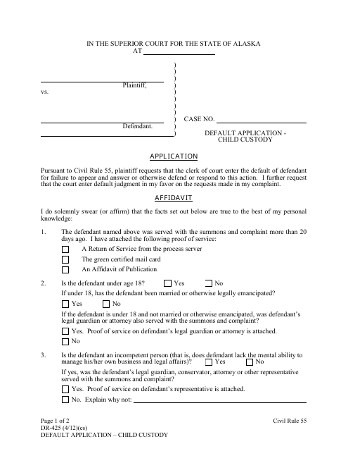 Form DR-425 Default Application - Child Custody - Alaska