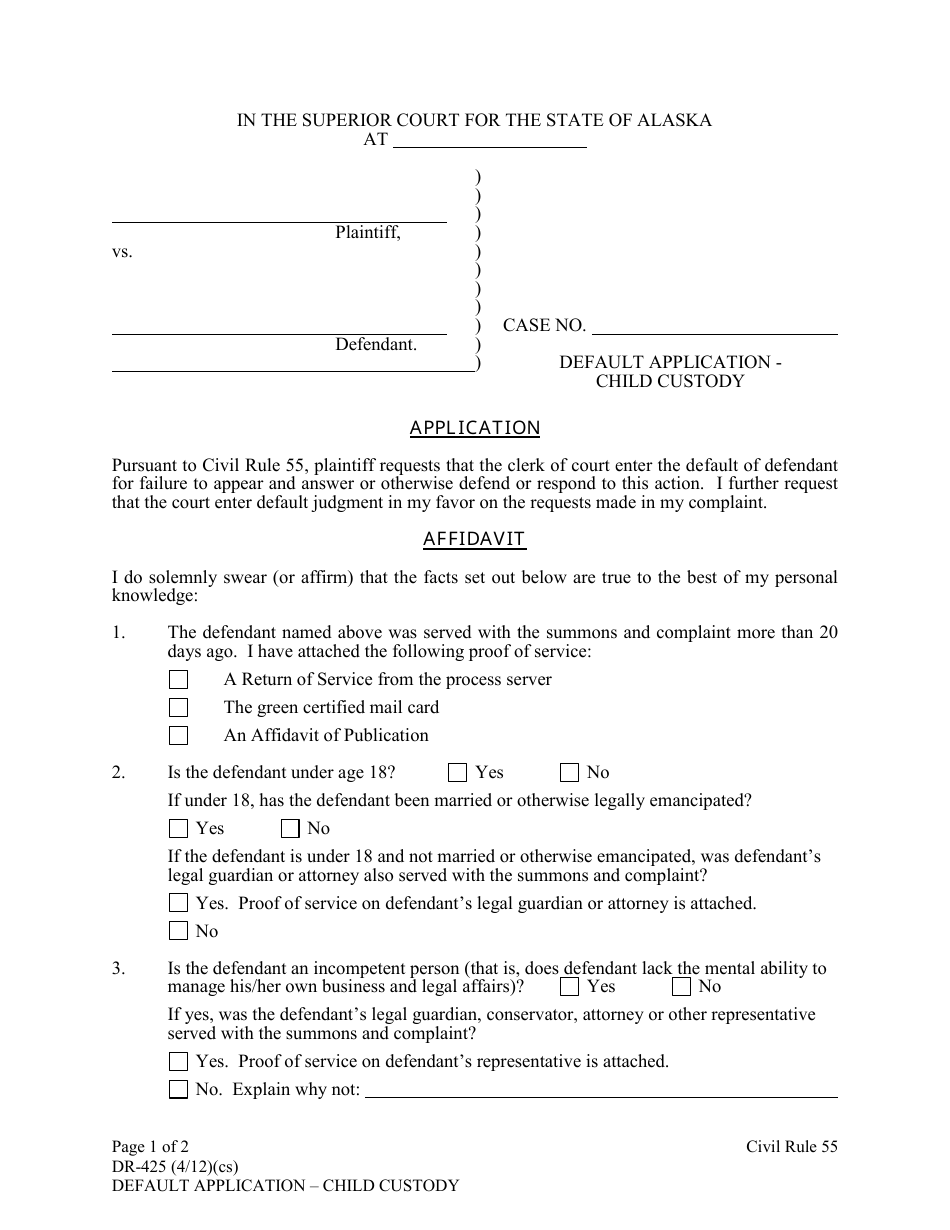 Form DR-425 Default Application - Child Custody - Alaska, Page 1