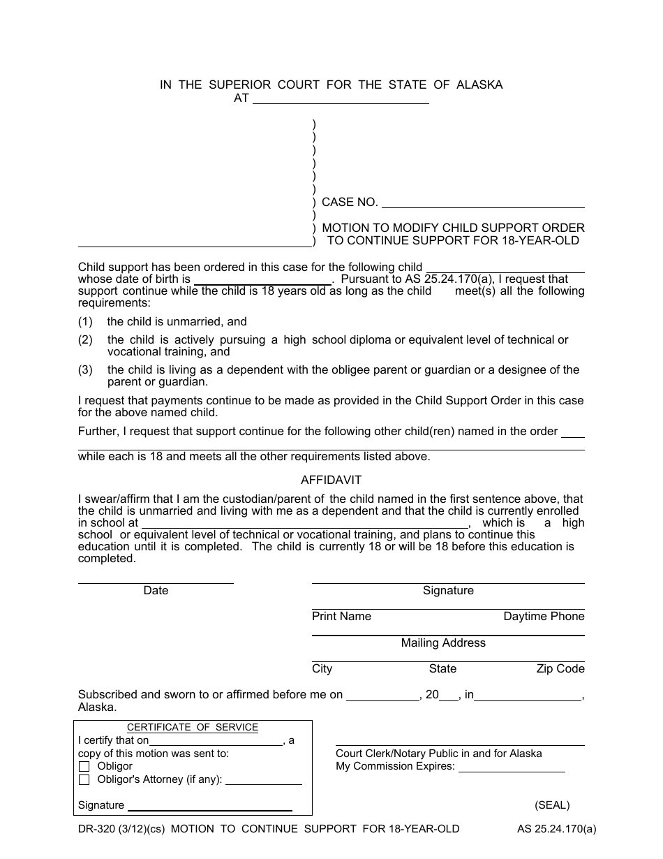 Form DR-320 Motion to Modify Child Support Order to Continue Support for 18-year-Old - Alaska, Page 1