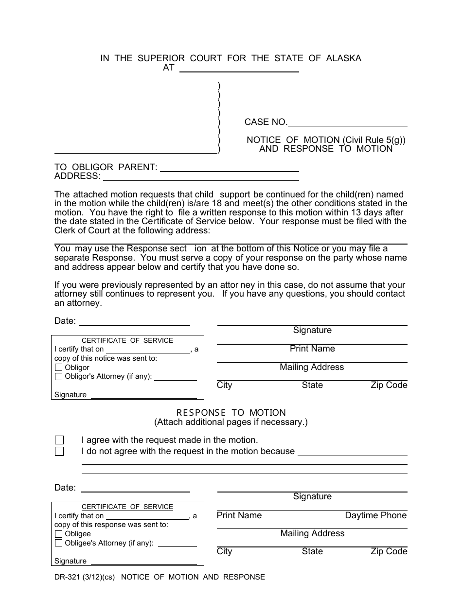Form DR-321 Notice of Motion  Response - Alaska, Page 1