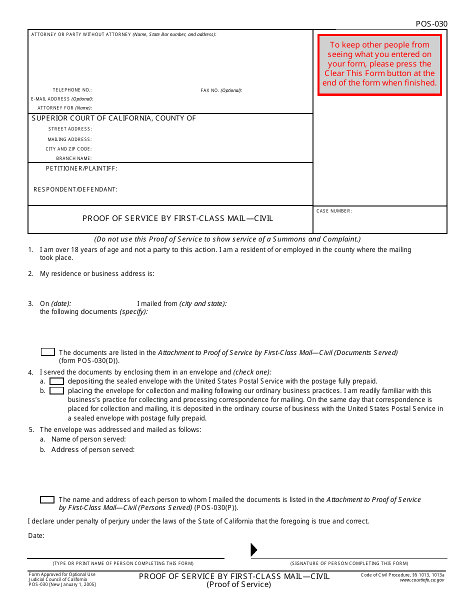 Form POS-030 Proof of Service by First-Class Mail - Civil - California, Page 1