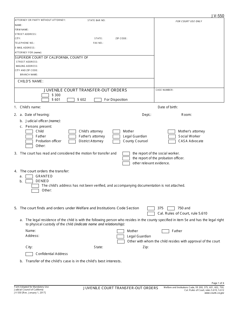 Form JV-550 Juvenile Court Transfer - out Orders - California, Page 1