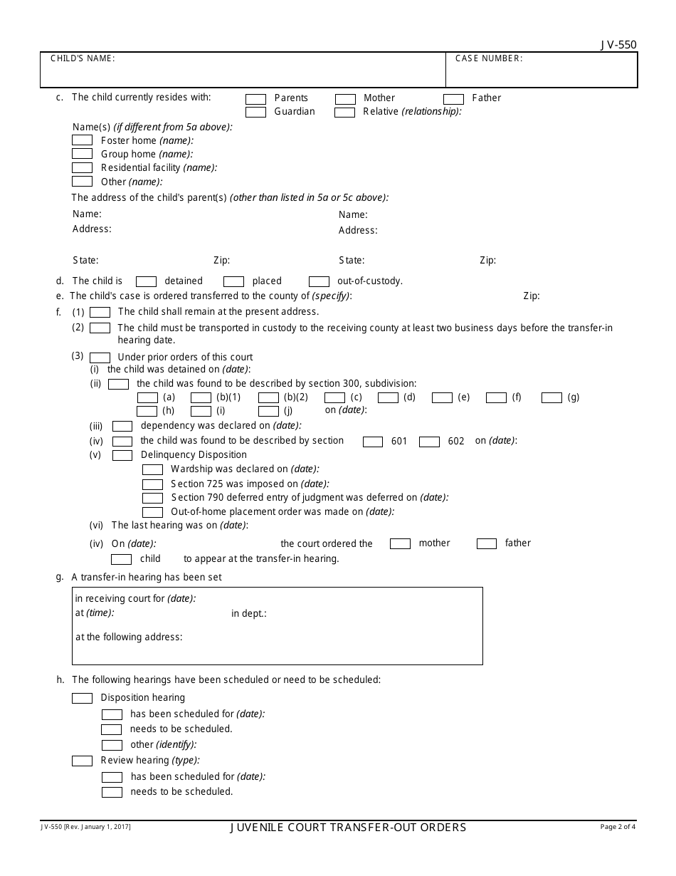 Form JV-550 Juvenile Court Transfer - out Orders - California, Page 2