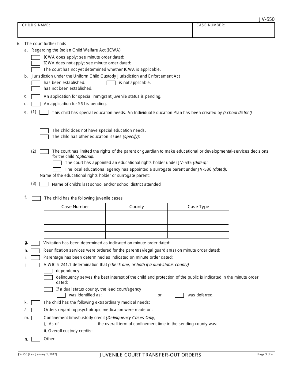 Form JV-550 Juvenile Court Transfer - out Orders - California, Page 3