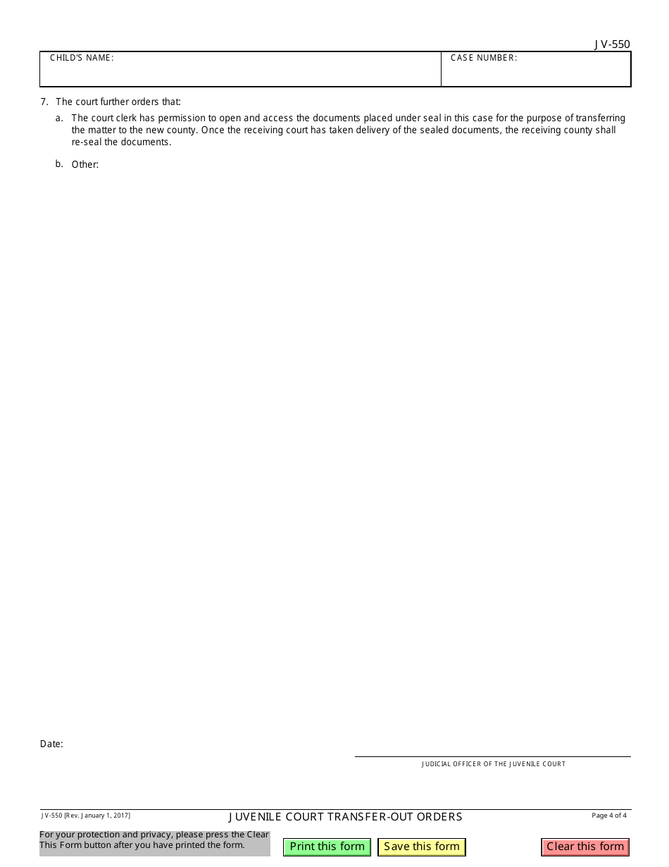 Form JV-550 Juvenile Court Transfer - out Orders - California, Page 4