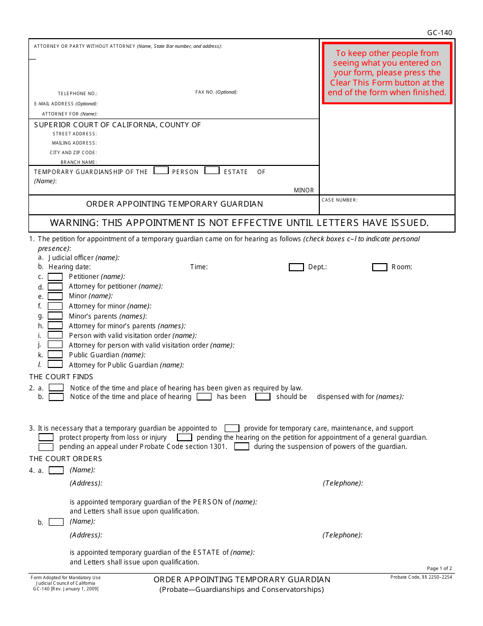 Form GC-140 Order Appointing Temporary Guardian - California, Page 1