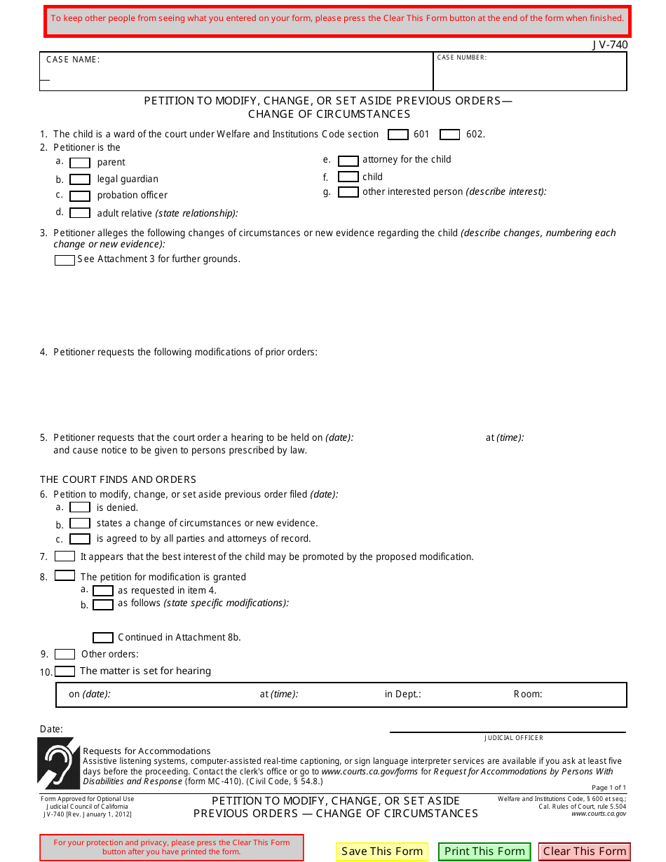 Form JV-740 Petition to Modify, Change, or Set Aside Previous Orders - Change of Circumstances - California, Page 1