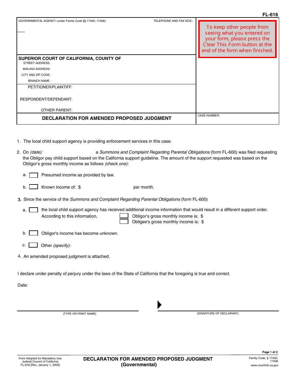 Form FL-616 Declaration for Amended Proposed Judgment (Governmental) - California, Page 1