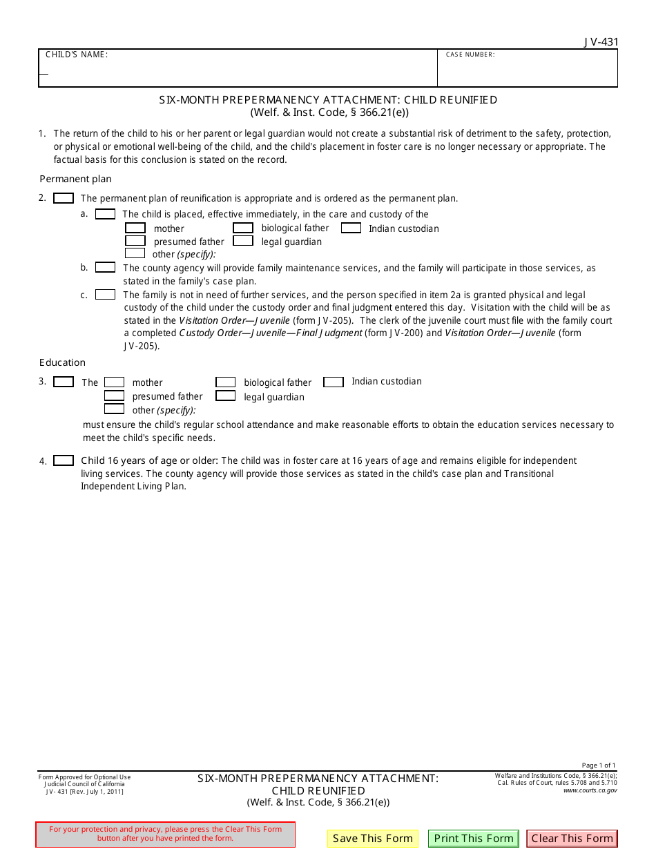 Form JV-431 Six-Month Prepermanency Attachment: Child Reunified (Welf.  Inst. Code, 366.21(E)) - California, Page 1