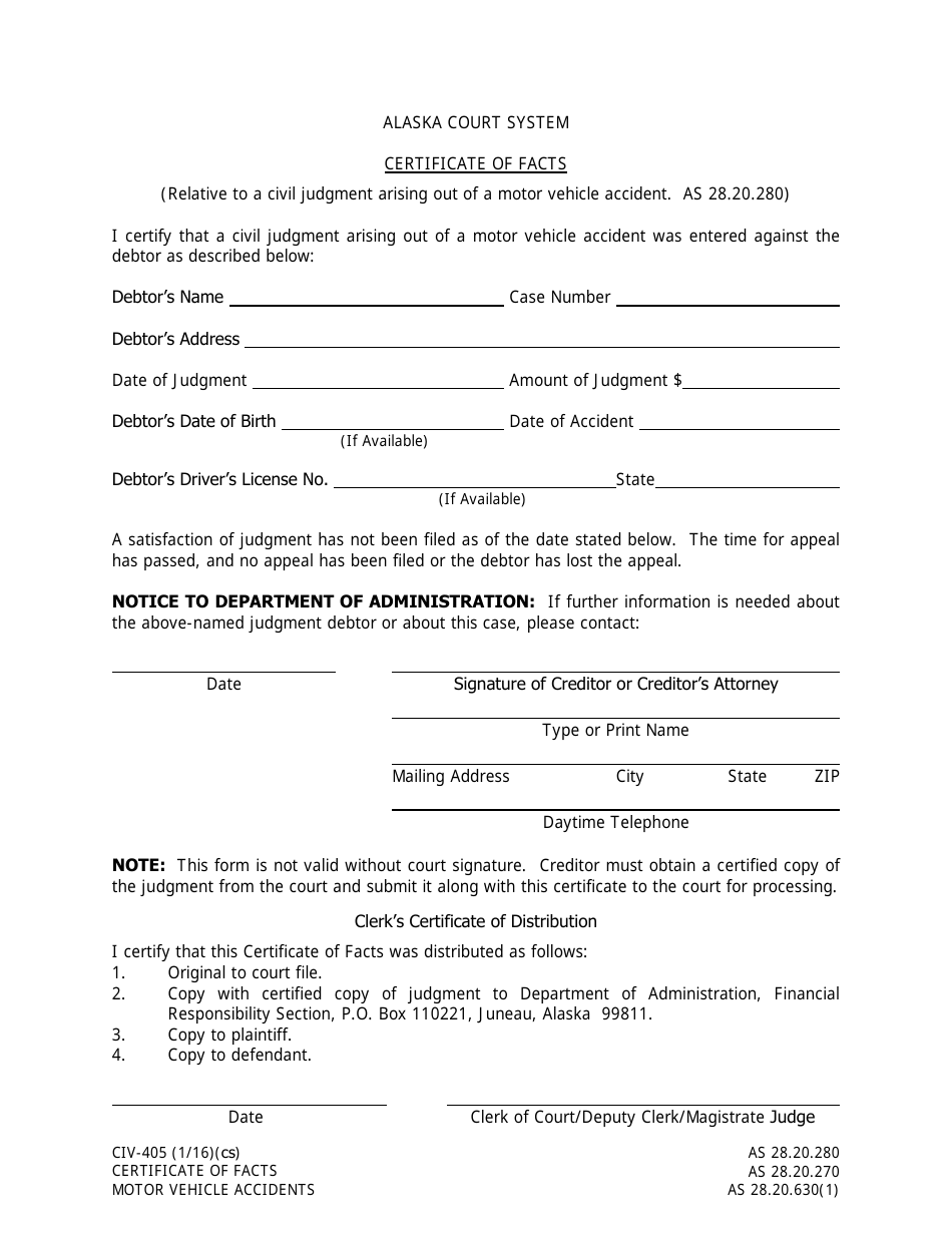 Form CIV-405 Certificate of Facts - Motor Vehicle Accidents - Alaska, Page 1