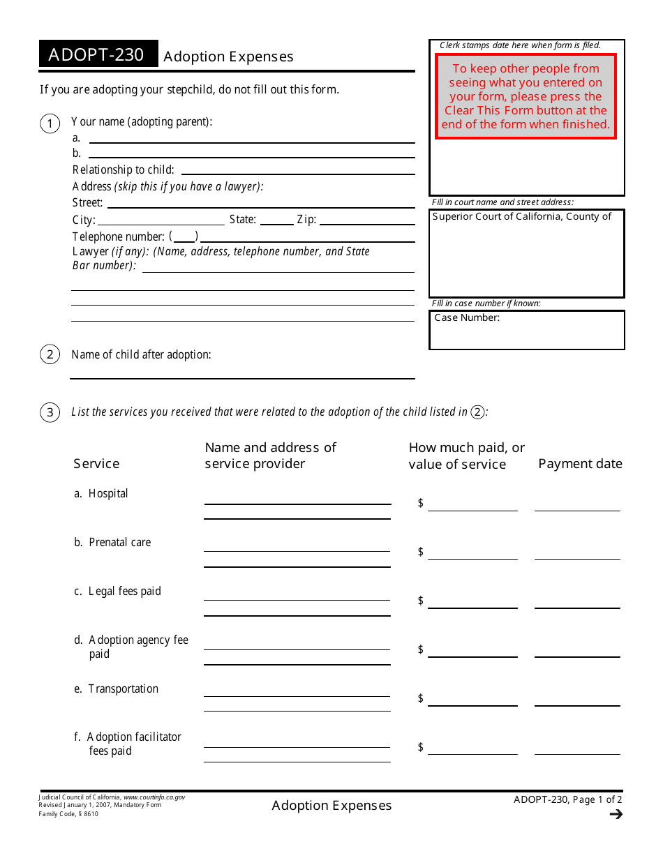 Form ADOPT230 Fill Out, Sign Online and Download Fillable PDF