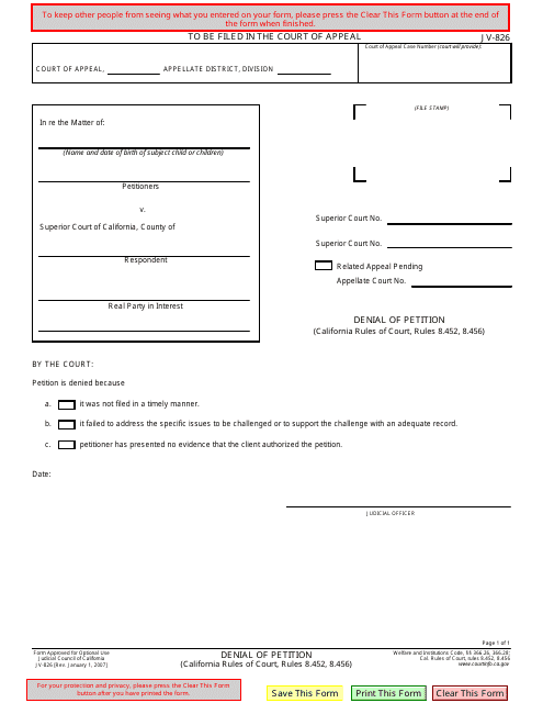 Form JV-826  Printable Pdf