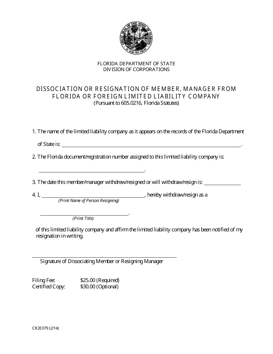 Form CR2E079 Dissociation or Resignation of Member, Manager From Florida or Foreign Limited Liability Company - Florida, Page 2