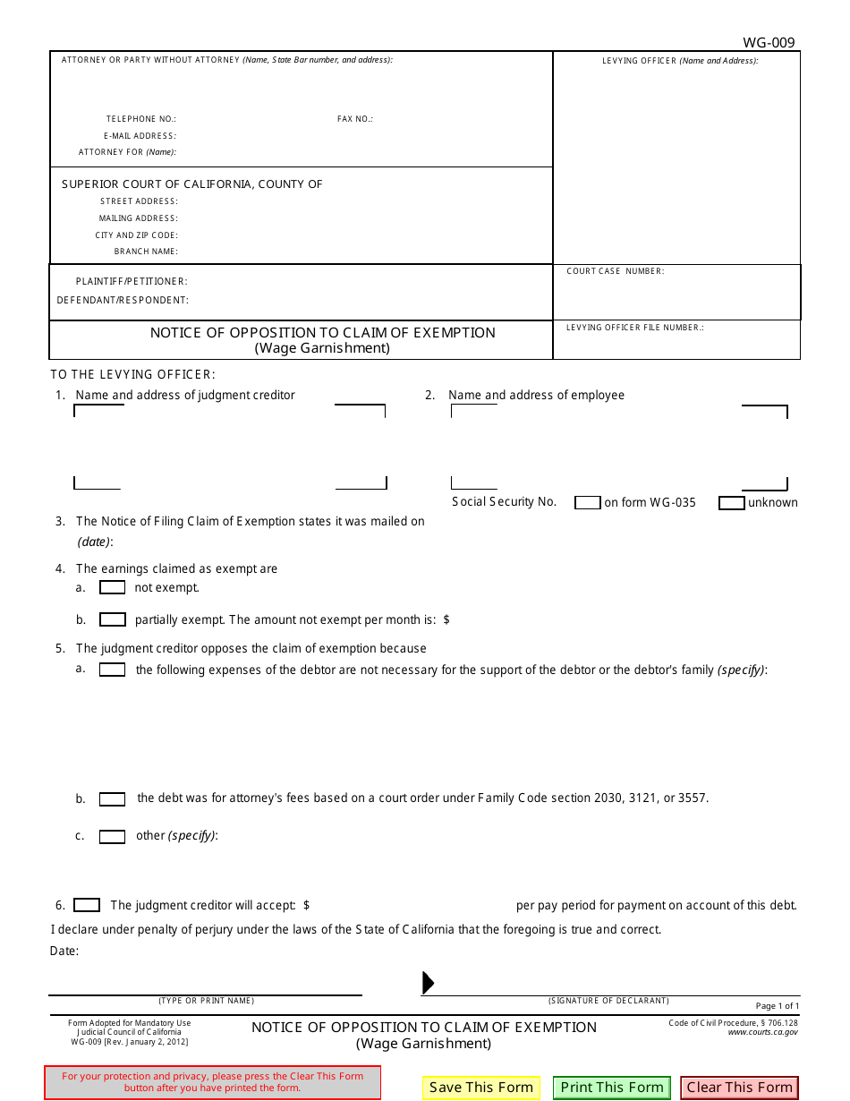 Form WG-009 Notice of Opposition to Claim of Exemption (Wage Garnishment) - California, Page 1