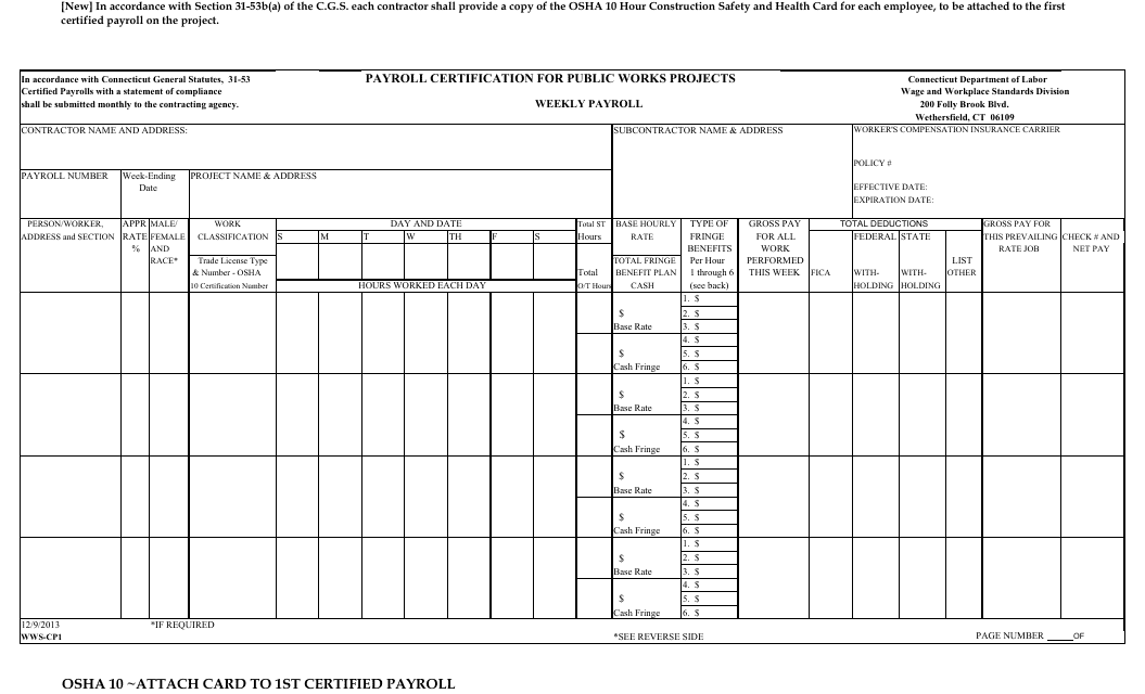 Form WWS-CPI Payroll Certification for Public Works Projects - Connecticut