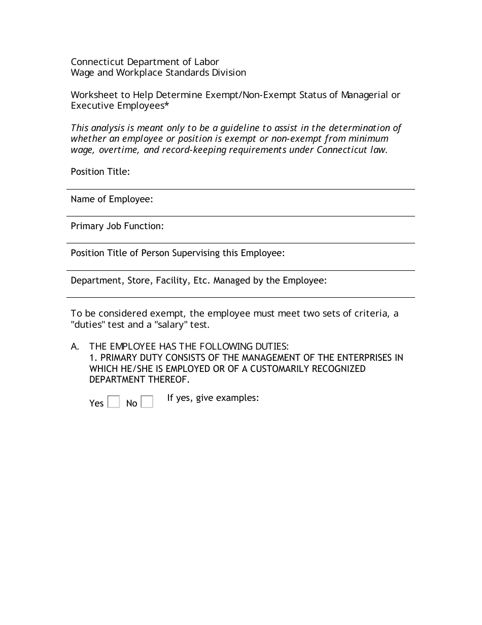 Worksheet to Help Determine Exempt / Non-exempt Status of Managerial or Executive Employees - Connecticut, Page 1