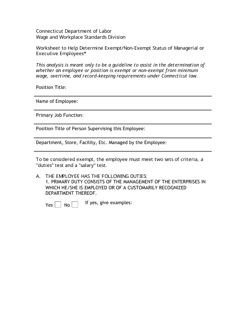 Worksheet to Help Determine Exempt/Non-exempt Status of Managerial or Executive Employees - Connecticut