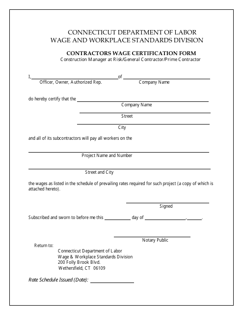 Contractors Wage Certification Form - Construction Manager at Risk / General Contractor / Prime Contractor - Connecticut Download Pdf