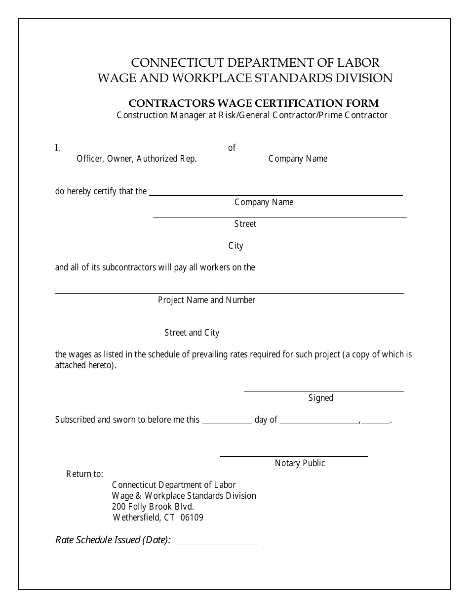 Contractors Wage Certification Form - Construction Manager at Risk / General Contractor / Prime Contractor - Connecticut, Page 1
