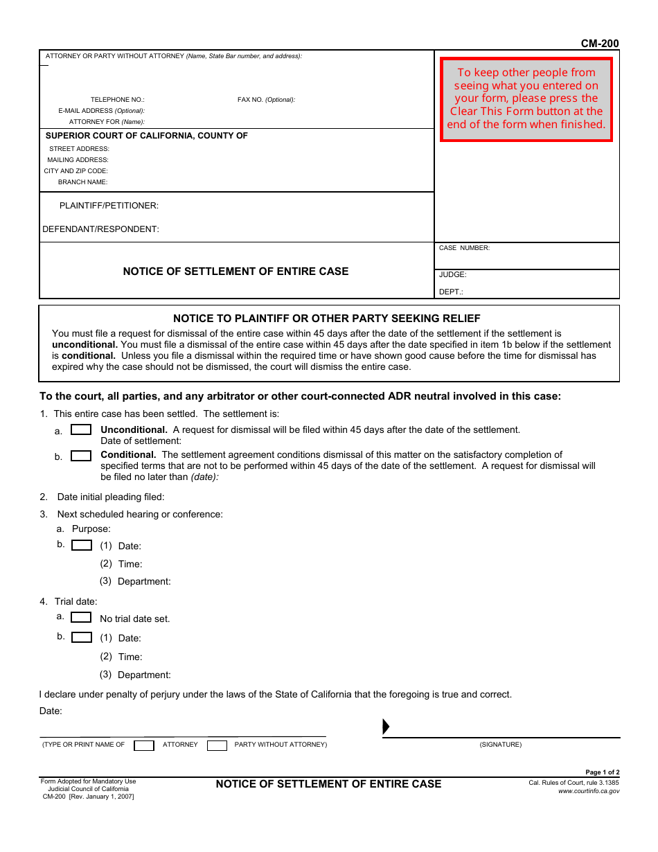 Form CM-200 Notice of Settlement of Entire Case - California, Page 1