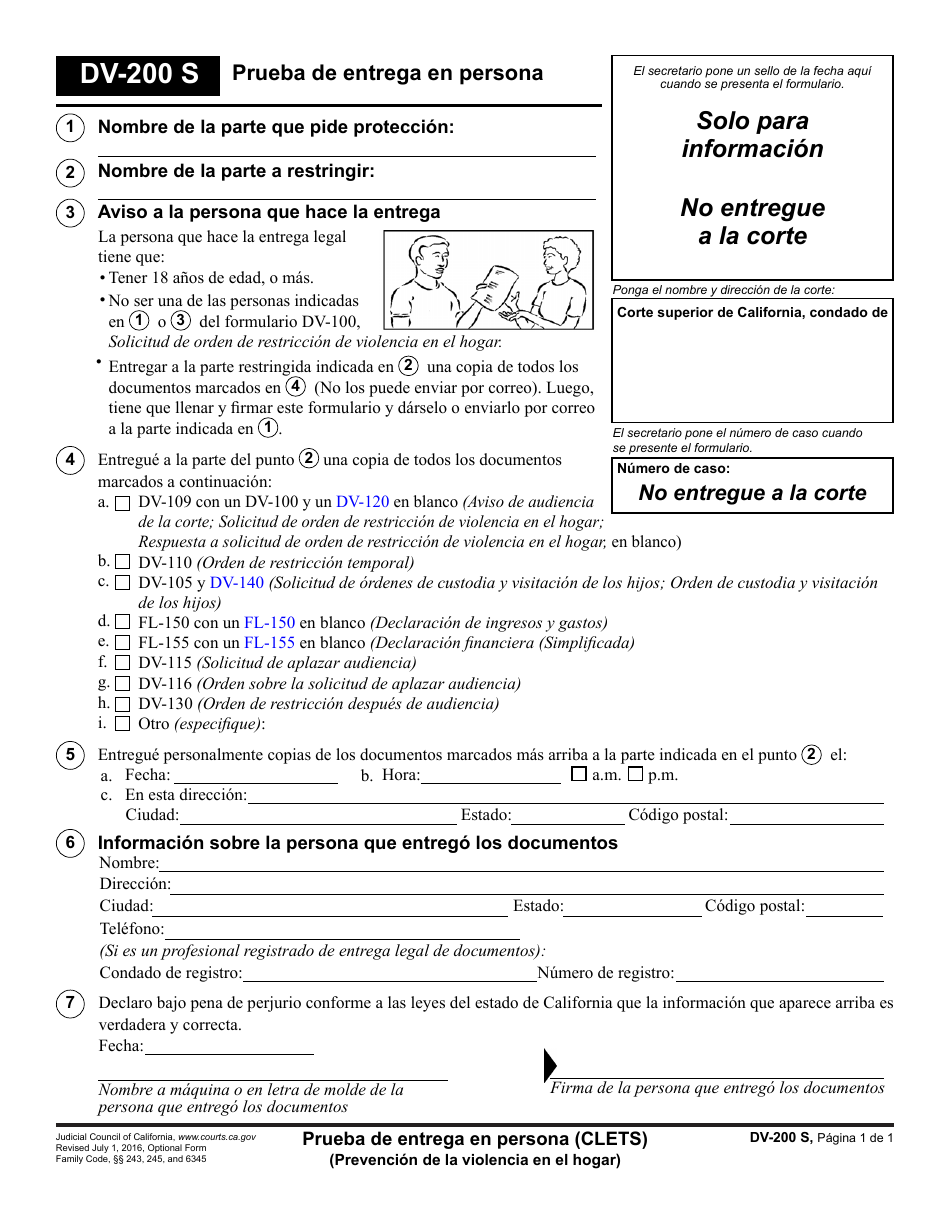Formulario DV-200 S Prueba De Entrega En Persona (Clets) - California (Spanish), Page 1