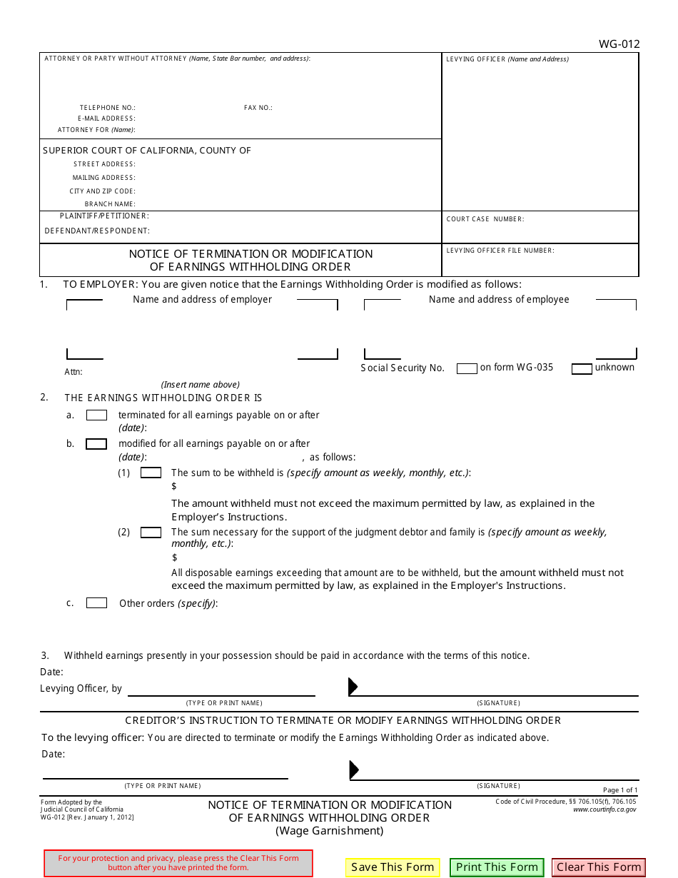 Form WG-012 Notice of Termination or Modification of Earnings Withholding Order - California, Page 1