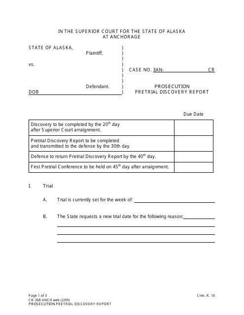 Form CR-368 ANCH Prosecution Pretrial Discovery Report - Alaska