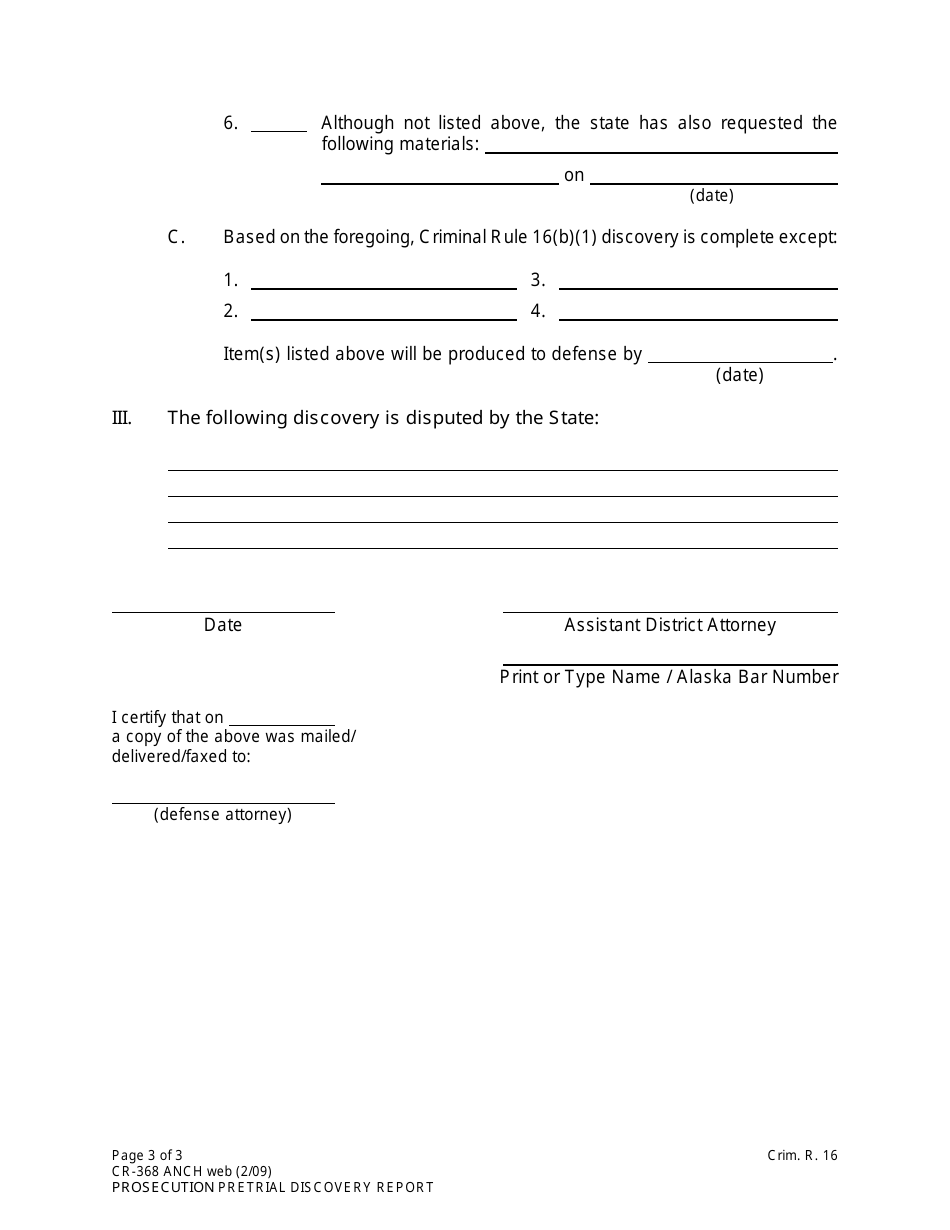 Form CR-368 ANCH Prosecution Pretrial Discovery Report - Alaska, Page 3