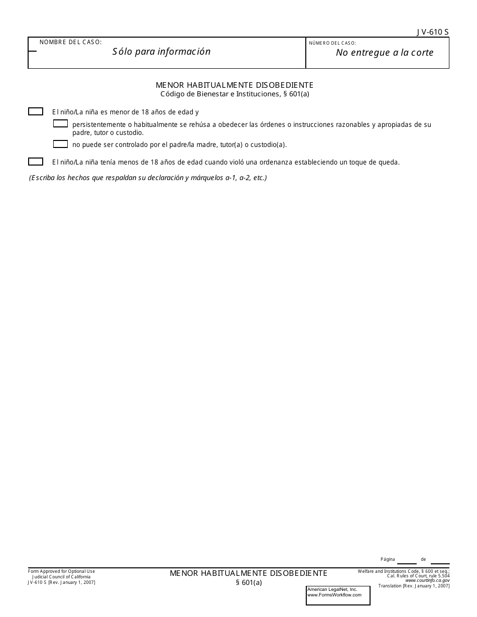 Formulario JV-610 S Menor Habitualmente Disobediente ( 601(A)) - California (Spanish), Page 1