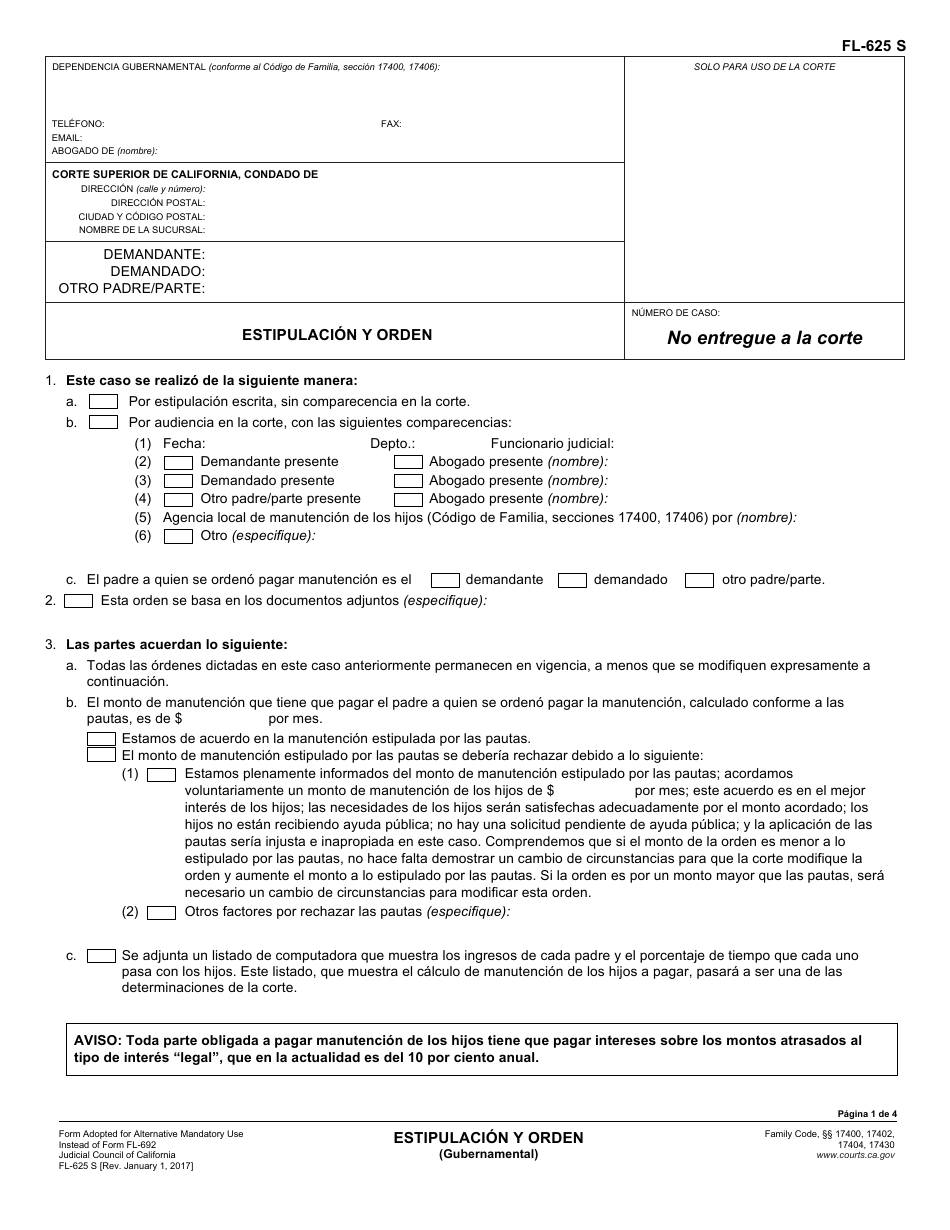 Formulario FL-625 S Estipulacion Y Orden - California (Spanish), Page 1