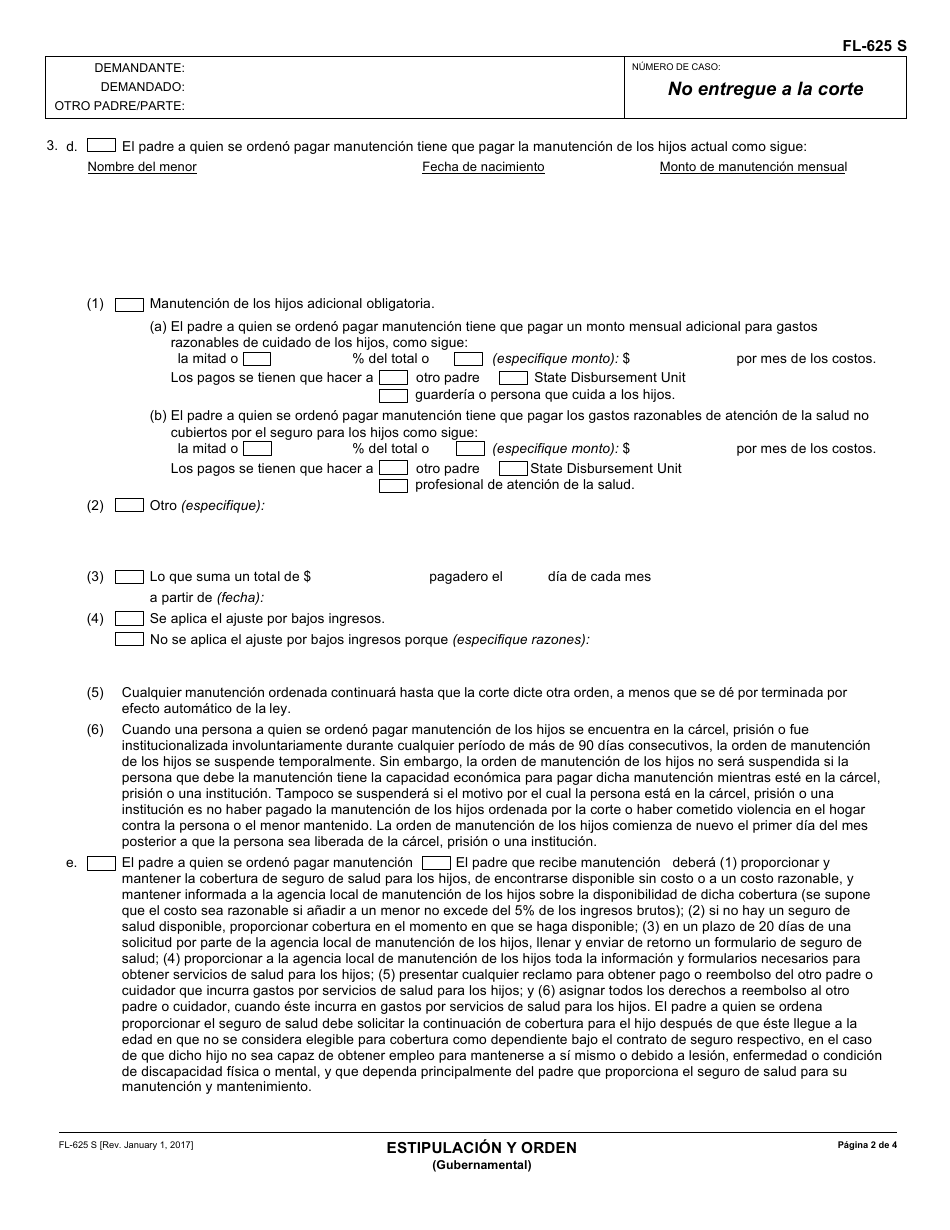Formulario FL-625 S Estipulacion Y Orden - California (Spanish), Page 2