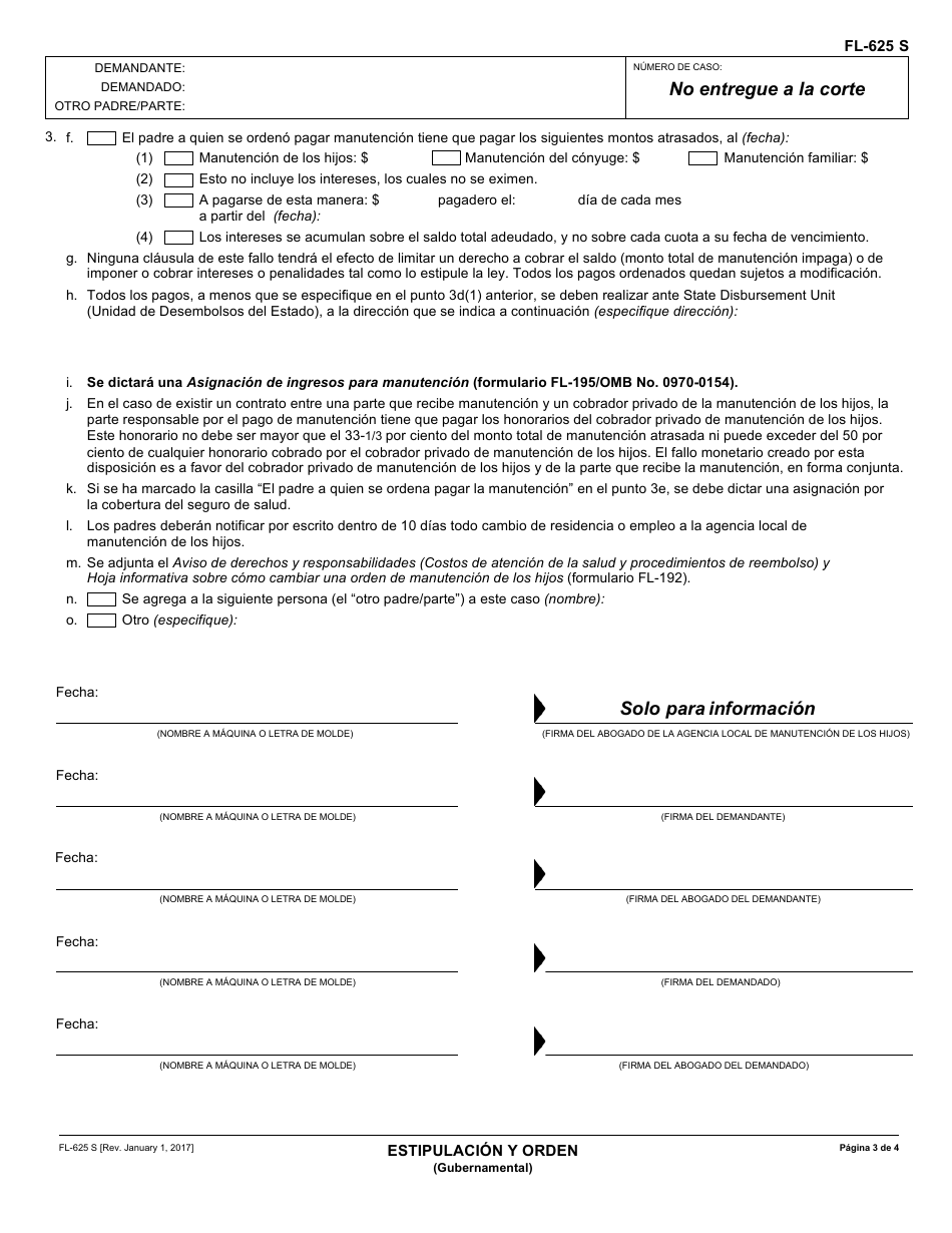 Formulario FL-625 S Estipulacion Y Orden - California (Spanish), Page 3
