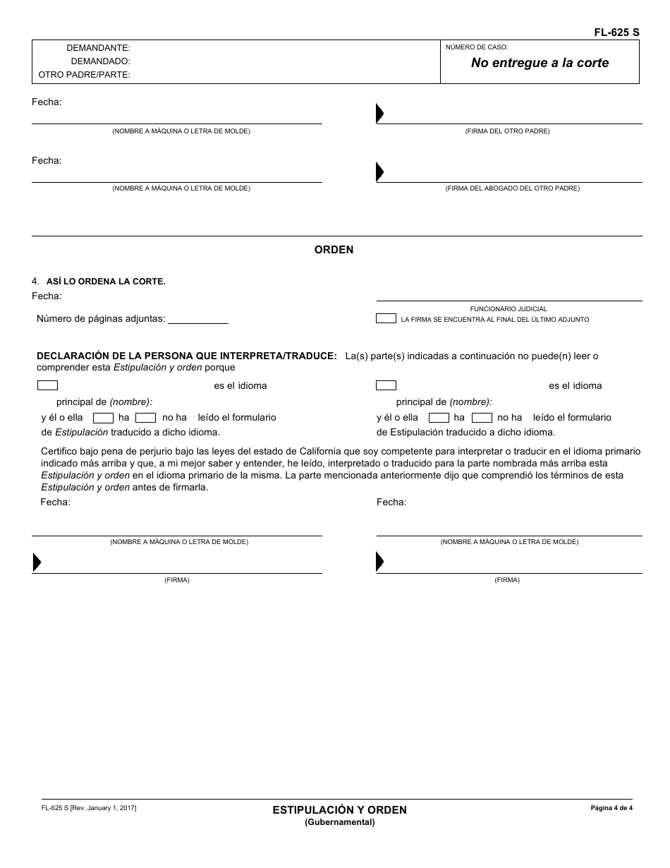 Formulario FL-625 S Estipulacion Y Orden - California (Spanish), Page 4