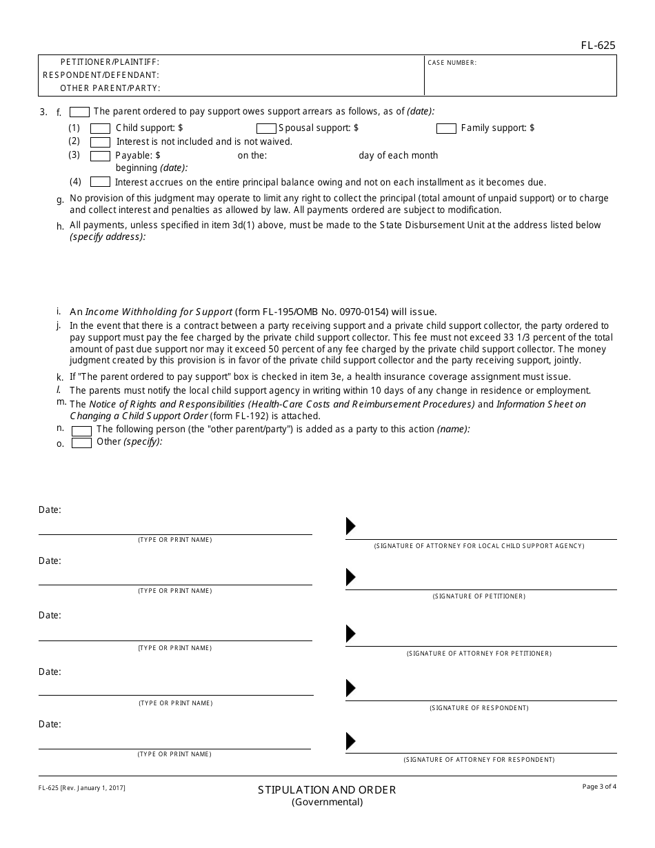 Form FL-625 Stipulation and Order (Governmental) - California, Page 3