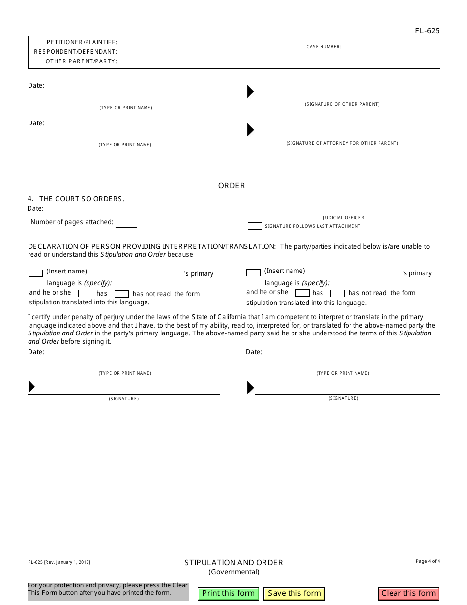 Form FL-625 Stipulation and Order (Governmental) - California, Page 4